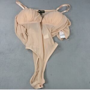 Kaylee Kollection Women’s Bodysuit Taupe Sheer Mesh Puff Sleeve Off Shoulder S